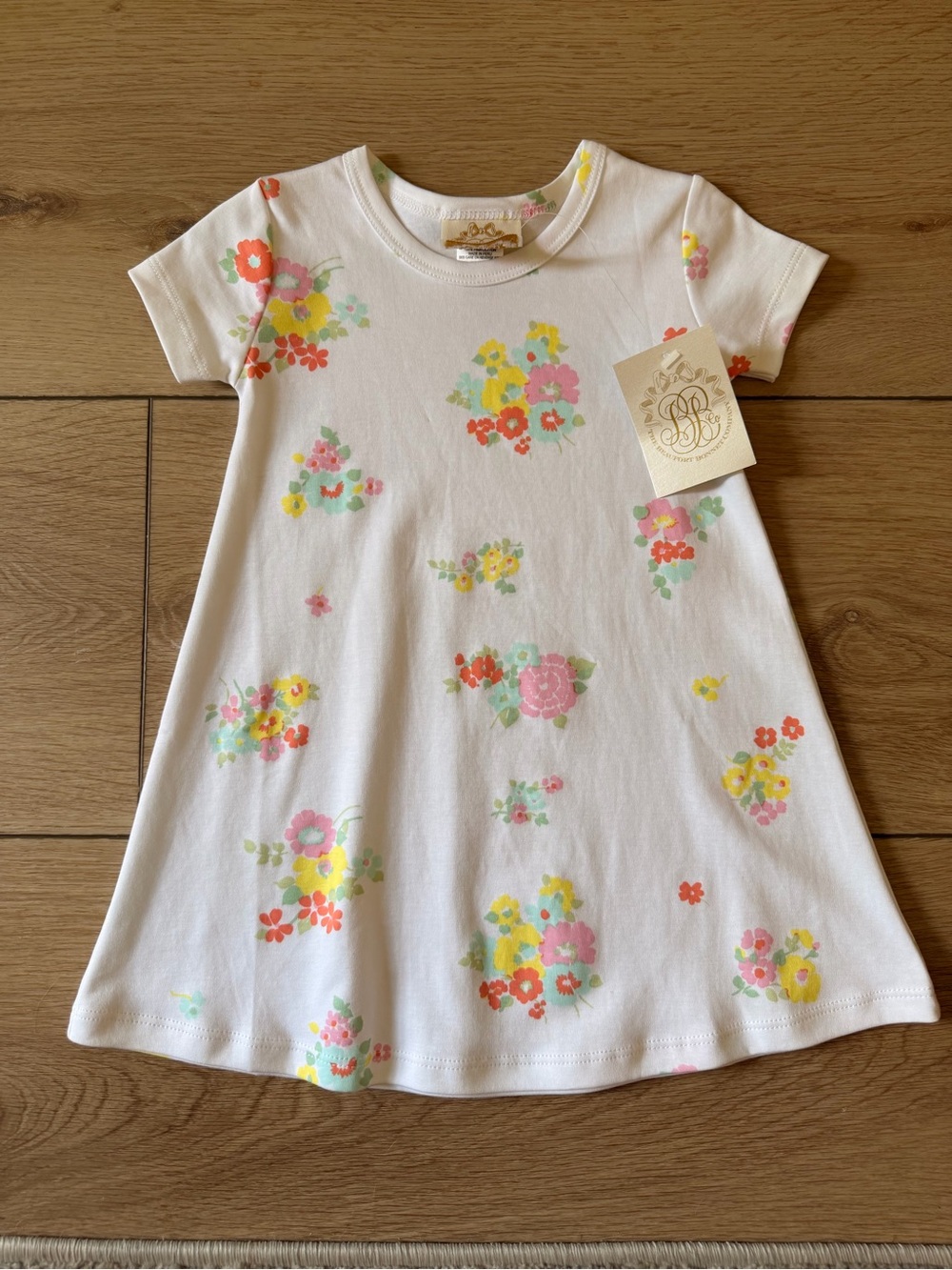 White Floral Print A-Line Dress with Pink, Yellow and Mint Accents
